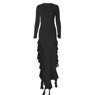 Long sleeve crewneck ruffle slit solid ruched maxi dress- Final Sale