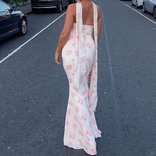 Backless flower print tube maxi dress