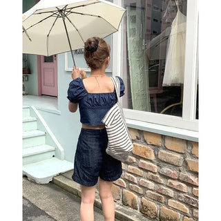 Denim puff blouse