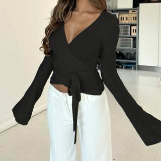 Long flared sleeve v neck self tie solid top