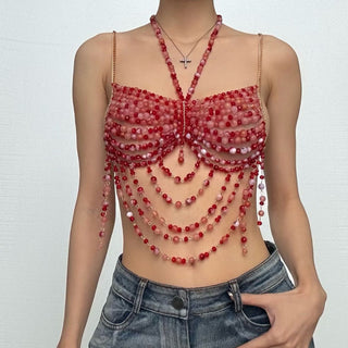 Halter beaded hollow out backless cut out top