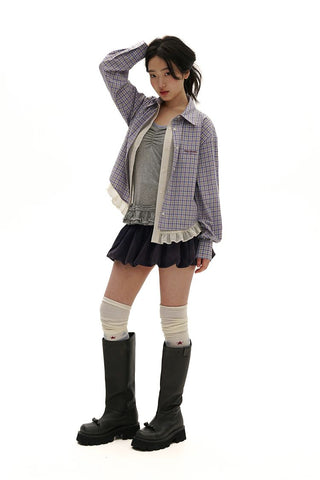 [Moromoro2] Layered Lace Hem Plaid Embroidered  Shirt