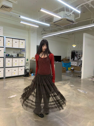 [NeverSeez] Pleated Layered Mesh Cami Dress