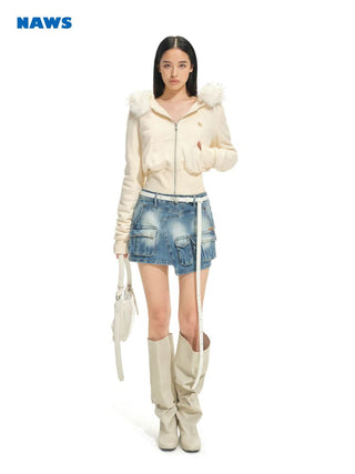 [NOTAWEAR] Fur Collar Hooded Zip-Up  Sweatshirt