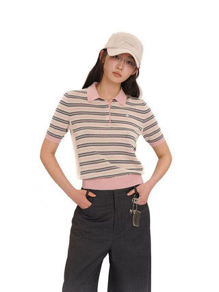 [Moromoro2] Tencel Linen Blend Striped Polo Knit  Top