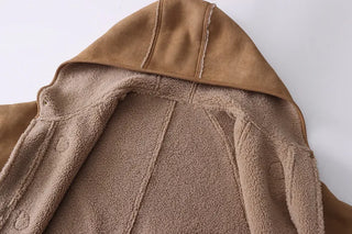 Suede hooded duffel button sheepskin coat