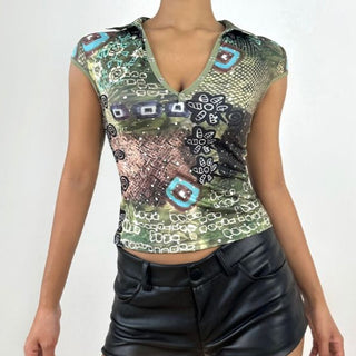 Cap sleeve print button turnover collar top