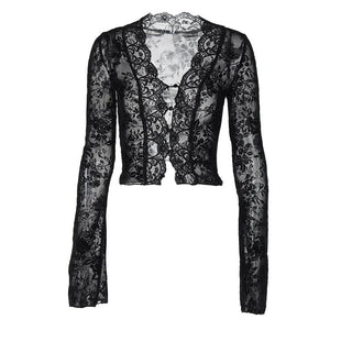 Long flared sleeve print lace hem button see through top