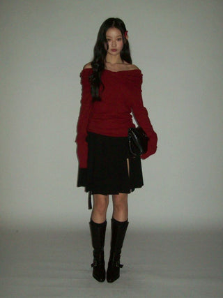 [Moromoro2] Bow Pleated Off-shoulder Knit  Sweater