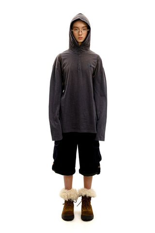 [Moromoro2] Striped Henry Collar Hooded Long Sleeve  Tee