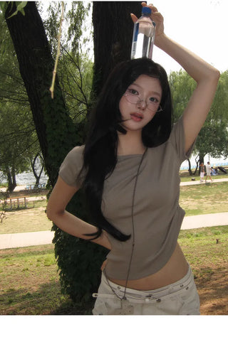 Bio Faded MOMU BASIC shirring short-sleeved off-the-shoulder T-shirt - 3 colors