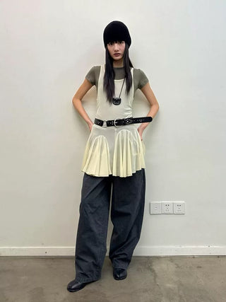 [NeverSeez] Mesh Layered Pleated Vest Dress