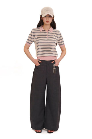 [Moromoro2] Tencel Linen Blend Striped Polo Knit  Top