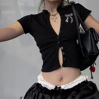 Short sleeve button bowknot pattern top