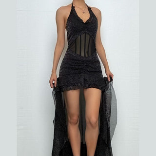 Ruffle u neck halter ruched solid mini dress