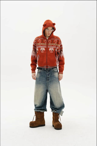 [MASONPRINCE] Funny Bear Fleece Lined Hooded Knit