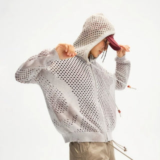 [Monterest] Spiral Mesh Washed Hooded Knit Cardigan