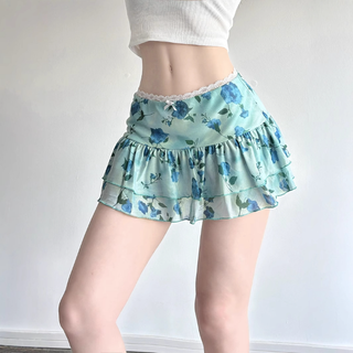 Flower print lace hem bowknot ruffle mini skirt