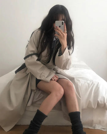 Double-breasted long trench coat