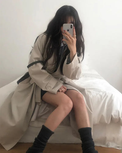 Double-breasted long trench coat