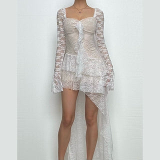 Long flared sleeve lace ruffle mini dress