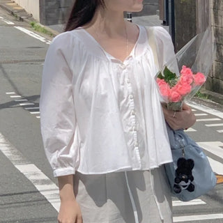 Loose-fitting shirred puff ribbon blouse (2c)