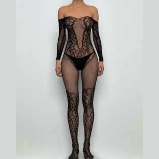 Long sleeve off shoulder fishnet pattern bodystocking