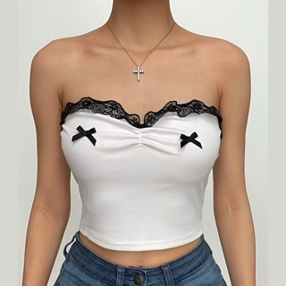 Lace hem ruched bowknot ribbed contrast backless tube top