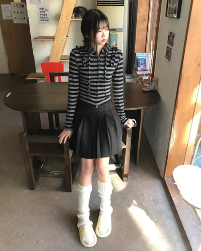 CROP STRIPE HOOD ZIP-UP (3color)