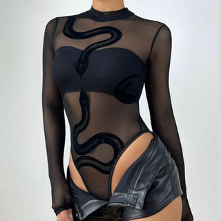 Long sleeve mesh snake pattern bodysuit