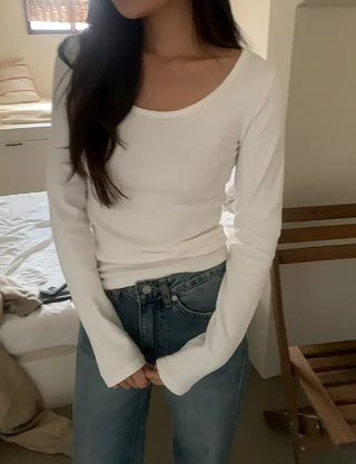 Fleece-lined U-neck long-sleeved T-shirt