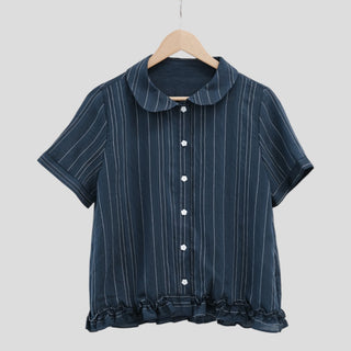 Flower button stripe border short-sleeved blouse