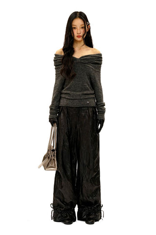 [Moromoro2] Bow Pleated Off-shoulder Knit  Sweater