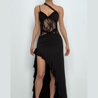 V neck lace hem ruffle cami maxi dress