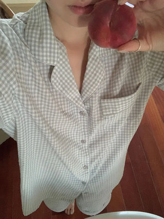[Homewear] Striped Border Check Pajama Set