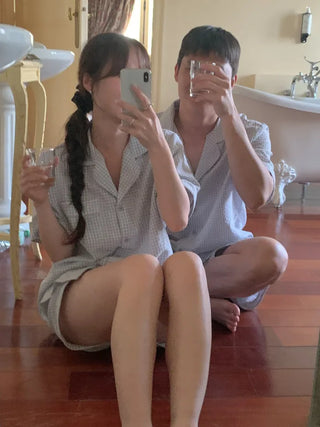[Homewear] Striped Border Check Pajama Set