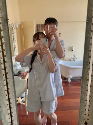 [Homewear] Striped Border Check Pajama Set