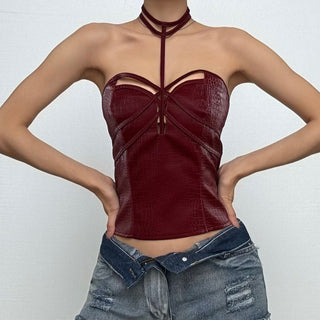 Sweetheart neck halter PU leather zip-up top