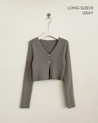 (Short-sleeved/Long-sleeved) Pastel Cropped V-neck Slim Button Ribbed Cardigan