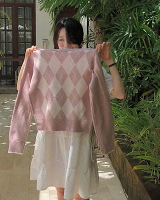 (3 colors) Back Point Argyle Cardigan
