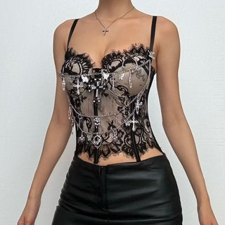 Sweetheart neck lace hem metal chain cami top