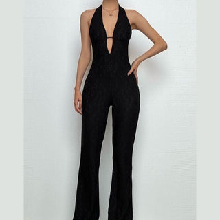 Halter self tie deep V neck lace backless jumpsuit