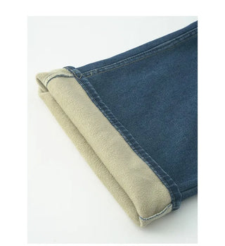 Fleece-lined washed wide-leg denim pants