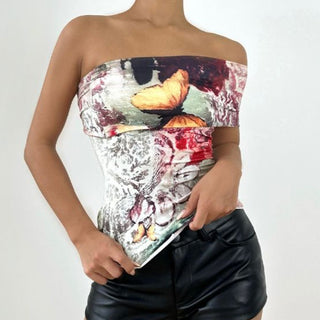 One shoulder irregular butterfly print tube top