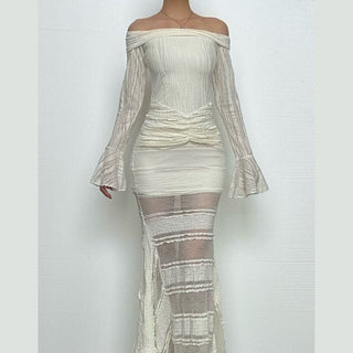 Long flared sleeve off shoulder lace ruffle maxi dress