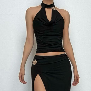 Cowl neck halter ruched flower applique top