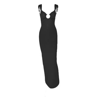 O ring ruched hollow out high slit cami cut out maxi dress