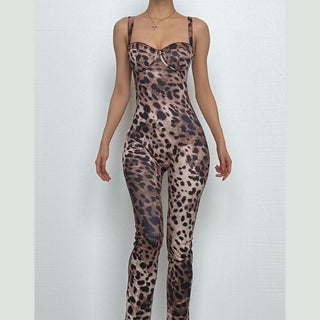 Leopard print v neck backless tank jumpsuit