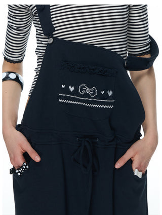 [NECY] Graphic Heart Ribbon Overalls