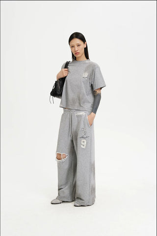 [MASONPRINCE] Distressed Patch Straight Leg Sweatpants